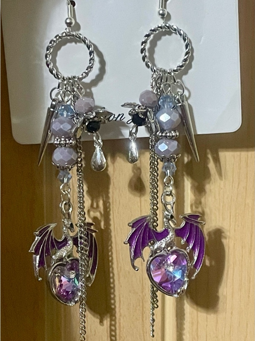 Artisan Fantasy Purple Dragon Heart Dangle Earrings - Picture 7 of 10